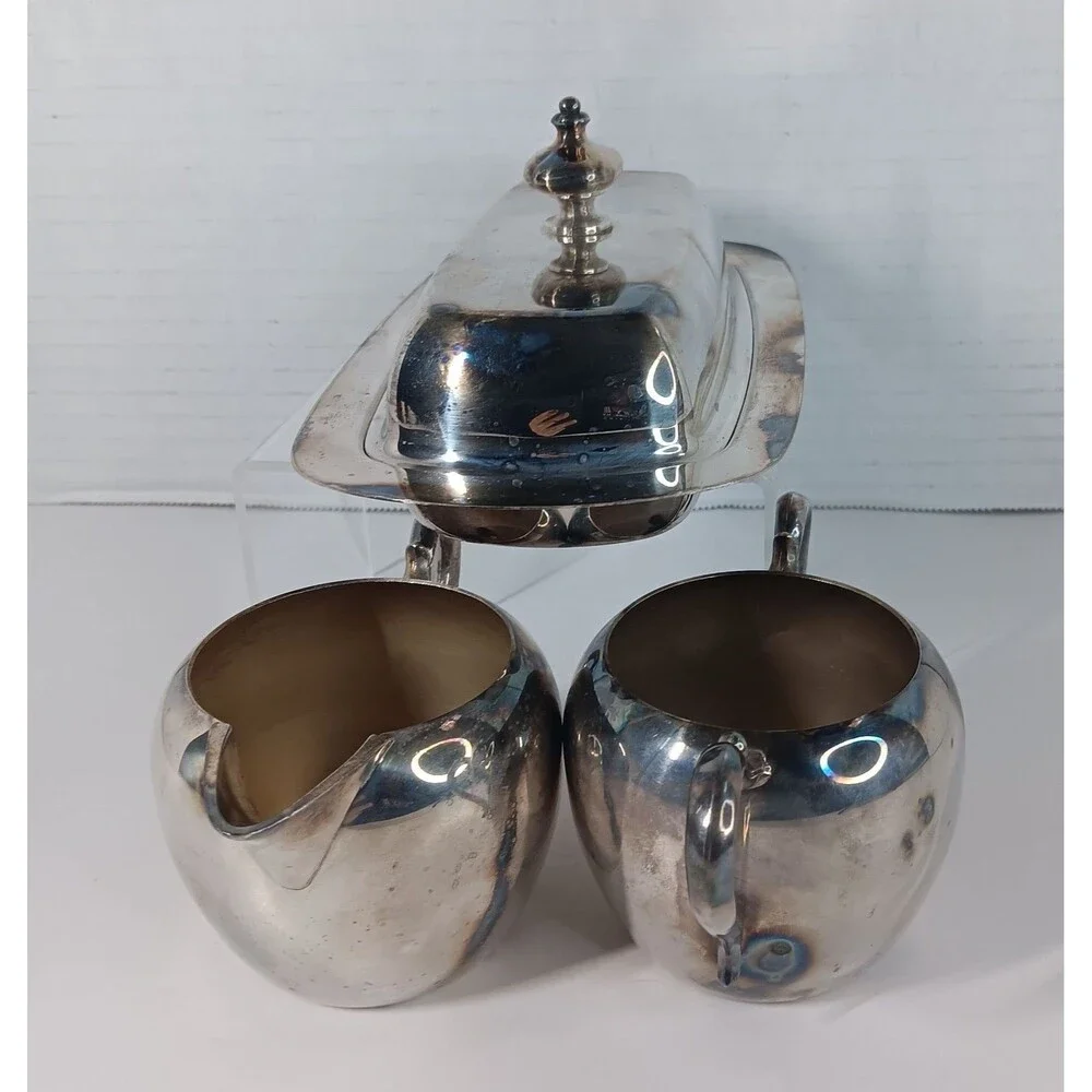 Wallace Silverplate Lot Creamer Sugar Bowl Butter Tray Dish With Glass Insert
